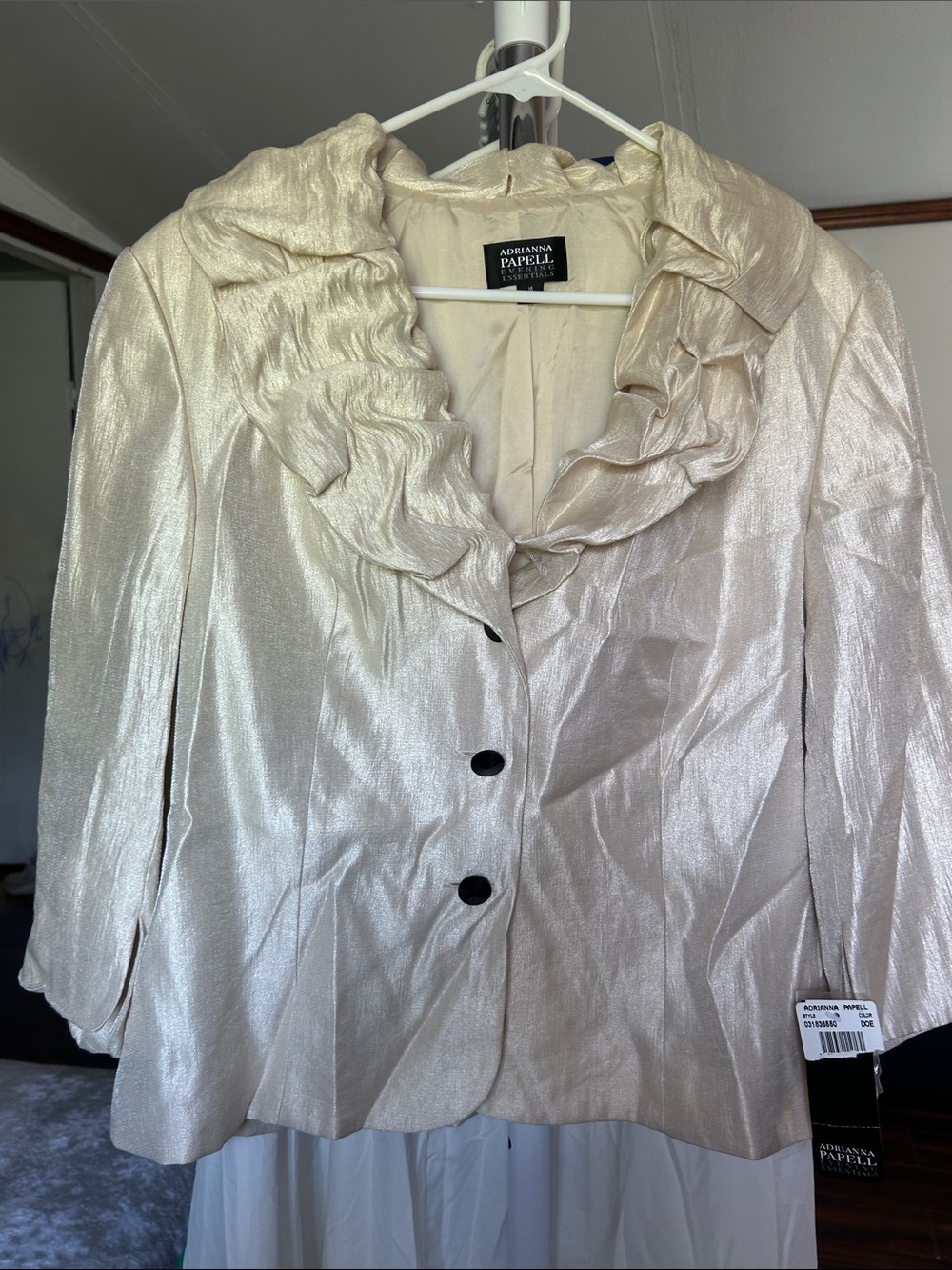 Adrianna Papell Ivory Shimmery Ruffle Collar Jacket